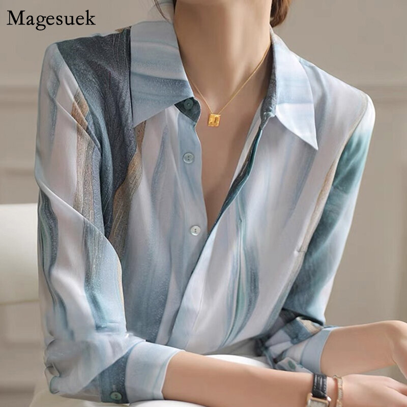 Wydrukowano elegancka szyfonowa bluzka damska bluzki z długim rękawem w stylu Vintage satynowe bluzki moda damska jesień Casual luźna jedwabna koszula 21808