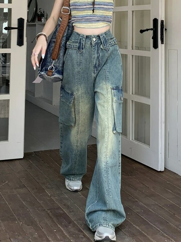 Jeans donna tasca a vita alta Vintage sciolto primavera estate tempo libero moda stile coreano lavato sbiancato ufficio signora semplice solido