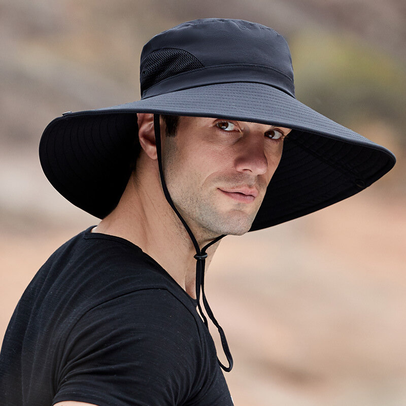 Topi matahari musim panas untuk pria, topi koboi lipat tepi besar topi Bucket luar ruangan Anti-UV Hiking memancing perlindungan wajah leher Panama
