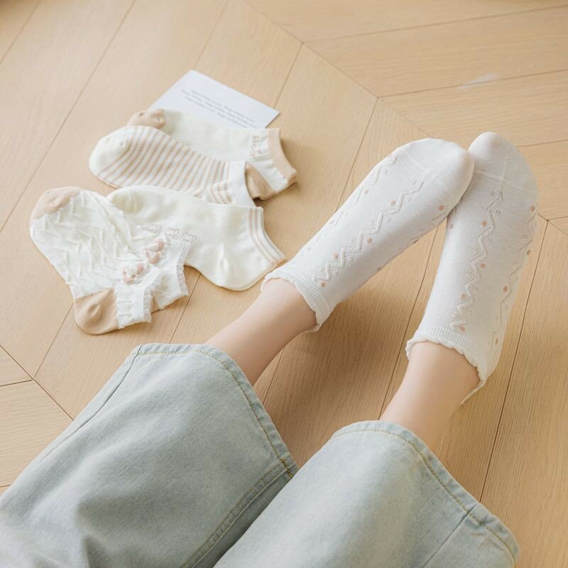Женские новые хлопковые носки, удобные дышащие модные кружевные носки цвета хаки с рисунком Мишки Тедди в академическом стиле, женские носки-лодочки H101