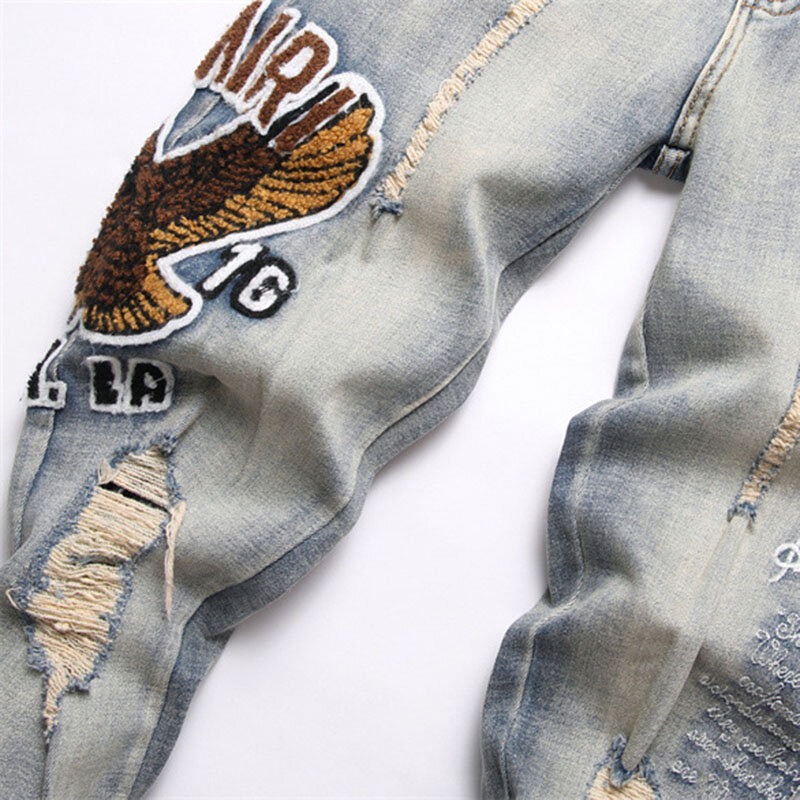 Джинсы мужские рваные С Вышивкой Букв, брюки из денима в стиле панк, уличная одежда, узкие штаны в стиле хип-хоп, 2024