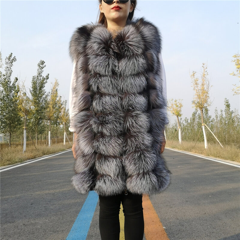 Veste en fourrure de renard argenté naturel pour femme, gilets en fourrure de renard rouge pour femme, glaçure longue, vraie veste d'hiver, grande taille