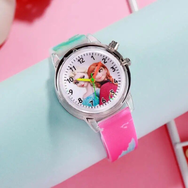 Disney cute children's Watch personaggio dei cartoni animati Frozen Colorful Luminous Pointer Quartz Electronic kids Watch regali di compleanno