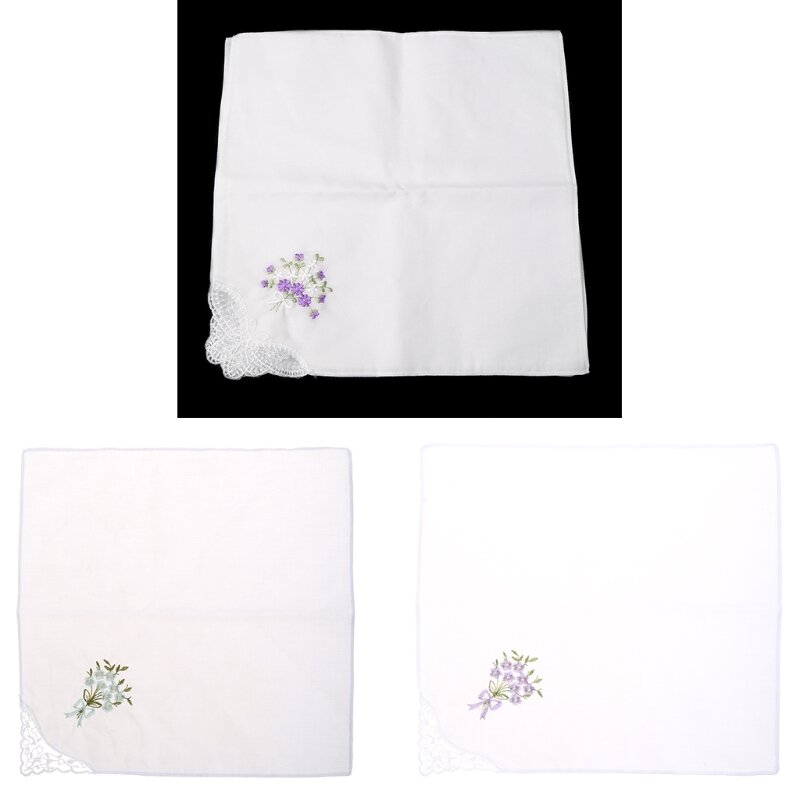 Lenço de renda bordado feminino, lenço floral algodão, senhoras vintage, 6 peças
