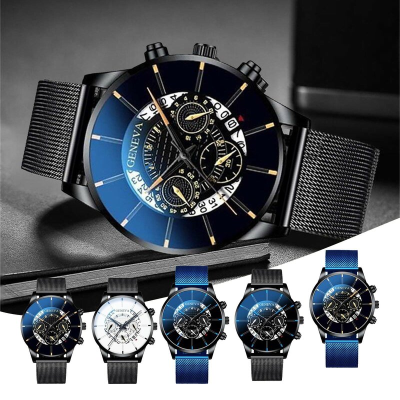 2023 New Luxury Men's Business Calendar Watches Stainless Steel Mesh Belt Quartz Watch часы мужские наручные reloj hombre 시계