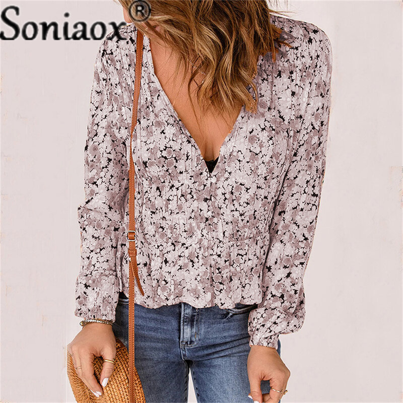 Autumn 2022 Elegant Fashion Women's Long Sleeve V-Neck Folds Loose Shirt Casual Abstract Floral Theme Printed Daily T-Shirt Tops
