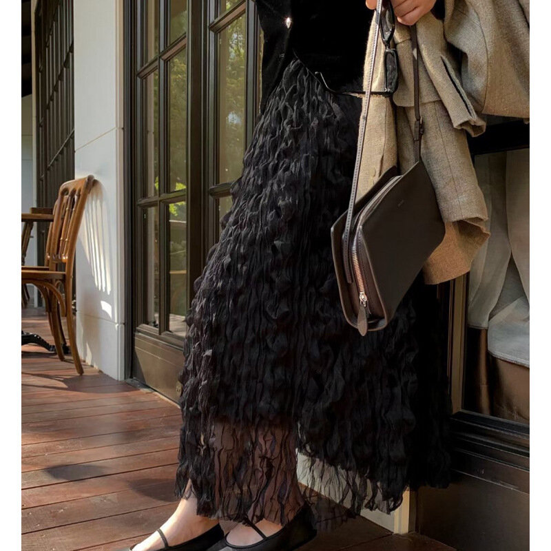 Damska falowana plisowana spódnica letnia damska z wysokim stanem moda luźna moda fala elegancka elegancka jednolita plisowana siateczkowa spódnica Q872