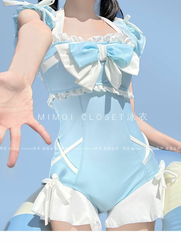 여성용 일본 스타일 로리타 활 소녀 목욕 세트, 귀여운 블루 플로운 스티칭 홀터 수영복, 2024 여름 신상