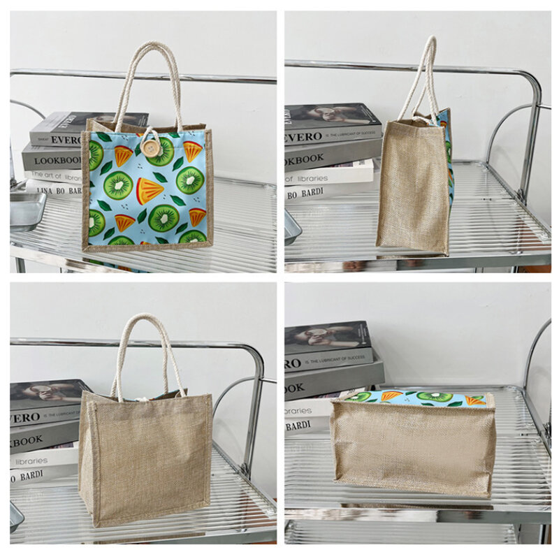 Leinen Knopf Vintage Handtasche Frauen Tasche große Kapazität Lebensmittel Geschenk Tasche Strand Veranstalter tragbare Shopping Lunch Bag Obst Druck