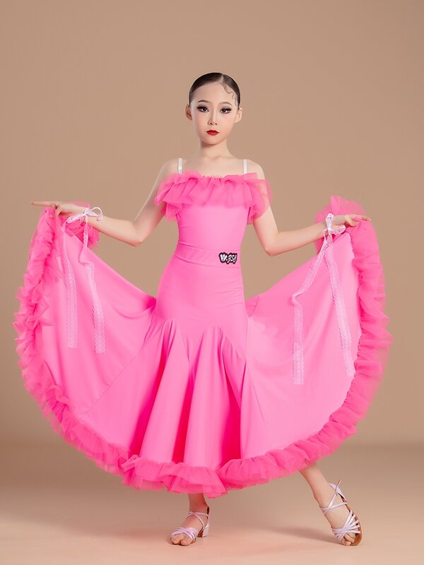 Pakaian kompetisi tari ruang dansa mode untuk anak perempuan Atasan Sling rok ayunan besar setelan gaun penampilan tari Modern DN17985