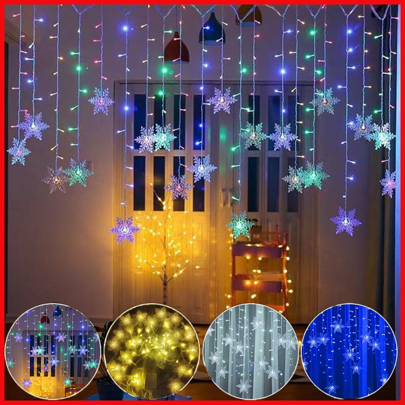 Natal LED Snowflake Garland Corda de cortina Luzes de fadas para o ano novo Festa de feriado Decoração de jardim 3,8 m