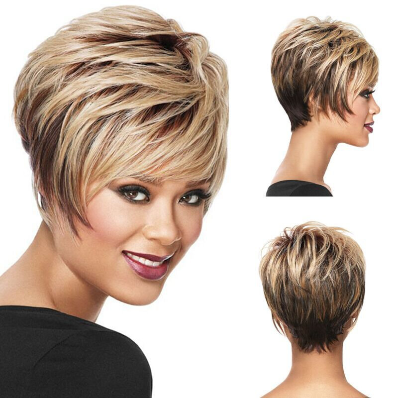 Wig pendek warna gradien modis campuran rambut sintetis tahan panas untuk wanita penggunaan sehari-hari Wig tanpa lem