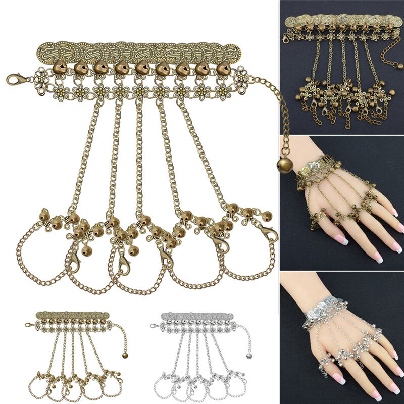 Women's Bohemian Bracelet Vintage Coins Bell Ring Bracelet Jewelry Belly Dance Hand Back Chain Bracelet Hand Decoration