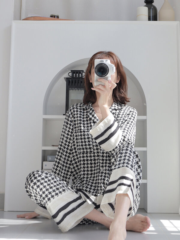 2023 Houndstooth Women's Pajamas Female Set Woman 2 Pieces Autumn Sleepwear Elegant Pijama Plaid Pyjamas Long Sleeve Loungewear