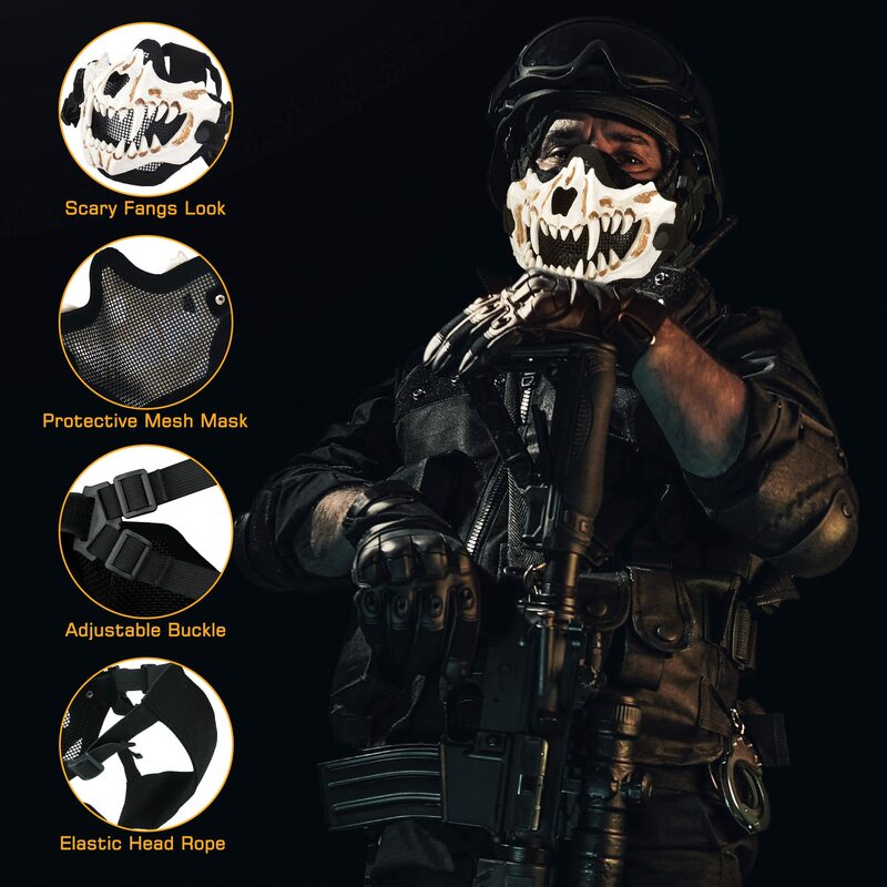 Demi-masque facial de crâne d'airsoft, Masque squelette en maille démontable tactique, pour la chasse, le tir au Paintball, CS Halloween Cosplay