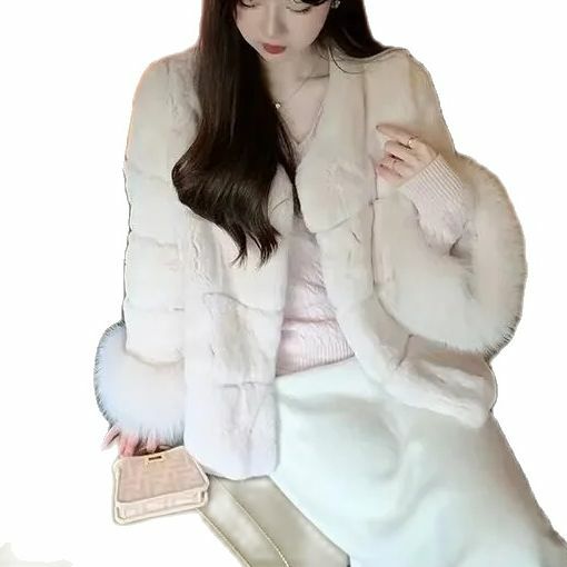 Casaco de pele de raposa imitação feminina, casaco casual com decote em v, punho curto de pele sintética, inverno coreano