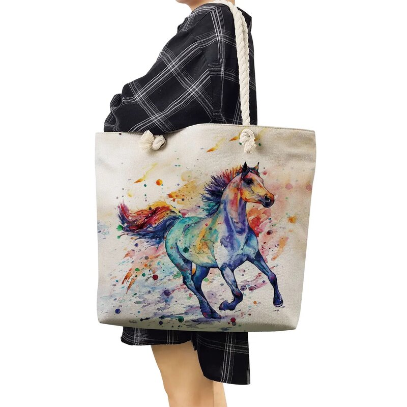 Colorful Horse Print Women's Shoulder Bag High Capacity Foldable Outdoor Shopping Bag Female Travel Handbags Tote Bag