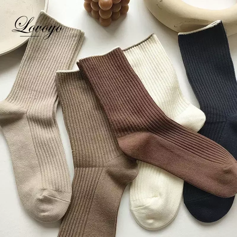 Ensemble de chaussettes japonaises décontractées en coton pour femmes, chaussettes simples, longueur moyenne, document solide, automne, nouveau, 1 paire, 5 paires