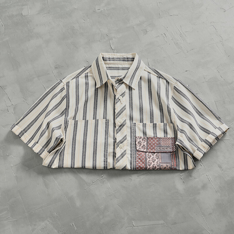 Винтажная модная полосатая рубашка с коротким рукавом, Мужской Топ, винтажная хлопковая Лоскутная Ткань, летняя рубашка-Карго