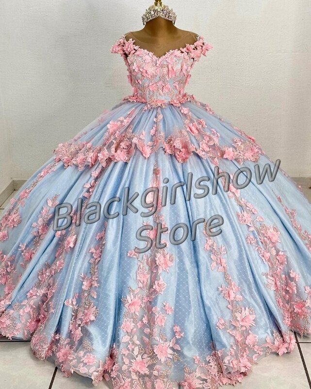Небесно-голубые платья 15 Quinceanera 2024 элегантное и мечтательное розовое цветочное аппликация ажурное свадебное платье