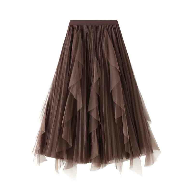 Женская юбка с оборками и шитьем, юбка-трапеция с завышенной талией, юбка из газовой ткани средней длины, плиссированная юбка с широкой юбкой, T62, весна-лето 2023