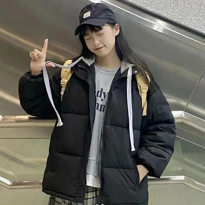 Jaket Parka wanita, Parka berkerudung tebal hangat 2023, ukuran besar gaya Korea longgar bantalan katun