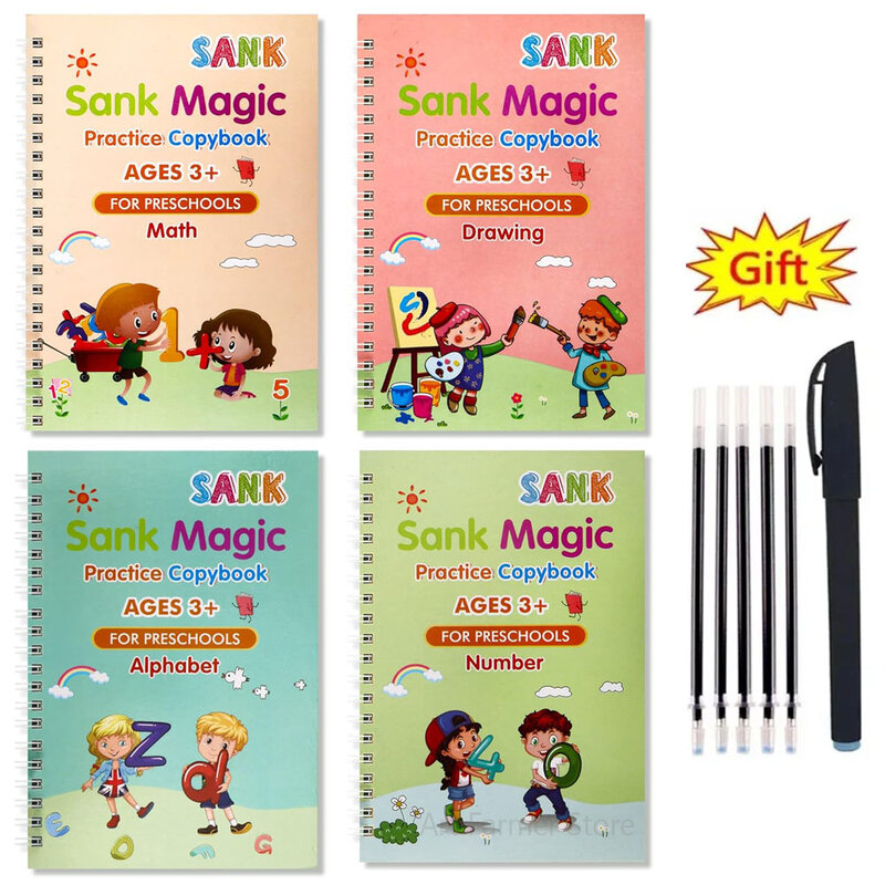 4 Boeken + Pen Magisch Exemplaar Boek Gratis Vegen Kinderen Schrijven Sticker Praktijk Engels Schrift Voor Kalligrafie Montessori