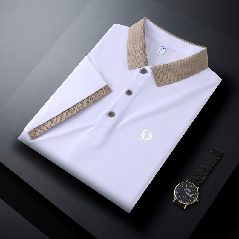 Camisa polo masculina de manga curta, camisa de lapela respirável, decote colorido, camisa de lazer verão, em forma de escritório, secagem rápida, nova tendência