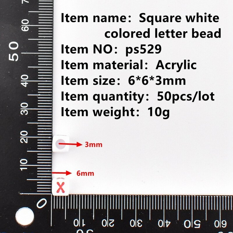 DIY 아크릴 문자 구슬, 보석 제작용 사각형 흰색 문자 구슬, 6*6*3mm, 로트당 50 개