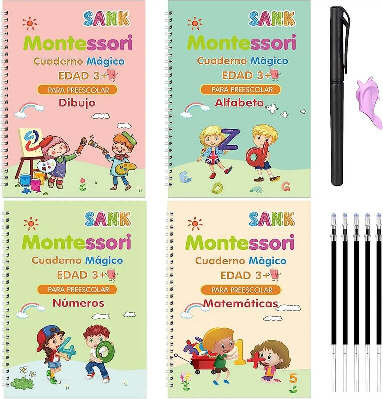 4 كتب كتاب الكتابة السحري باللغة الإسبانية دفتر الخط مونتيسوري للأطفال قابلة لإعادة الاستخدام التعليمية الخط لعبة الممارسة