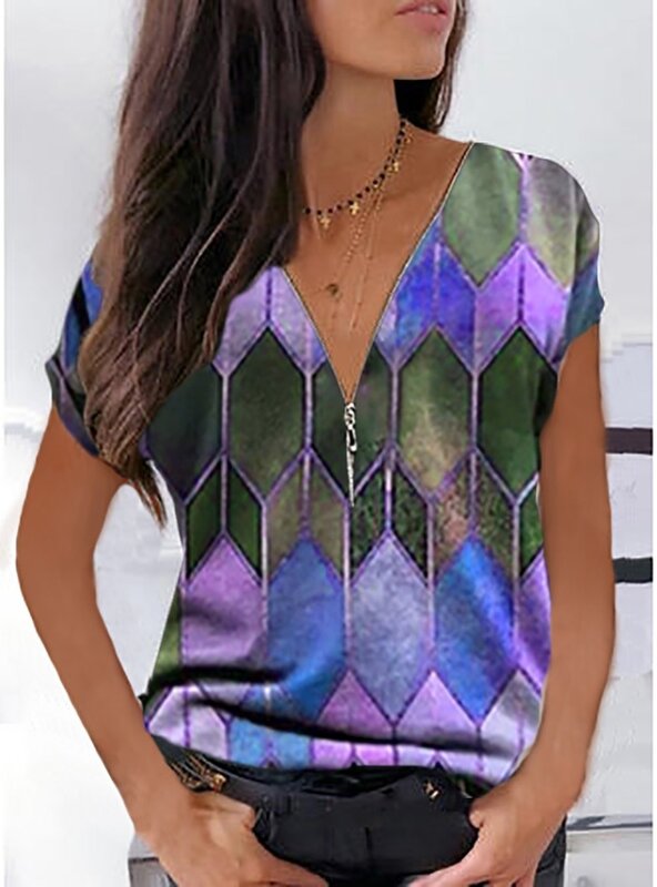 2023 kobiet stylowe topy koszulki z krótkim rękawem Color Block nadrukiem z dekoltem w szpic wygodna bluzka XS-5XL