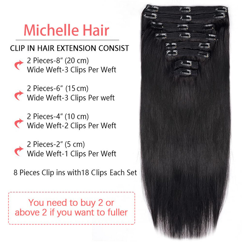 Clip in Hair Extensions Real Human Hair Straight Brazilian Human Hair Clip in Extensions Seamless Clip ins for Women Natural #1B