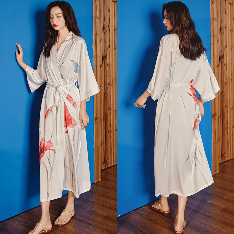 Jubah mandi musim panas piyama wanita pakaian tidur sutra es Satin pakaian tidur panjang baju tidur ukuran besar jubah mandi cetak besar Ropa Para Mujer