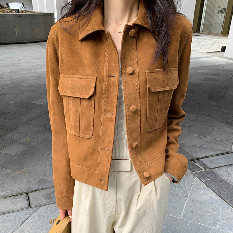 70s Women's Suede Jacket Classic Brown Genuine Sheepskin Single Breasted Vintage Long Sleeve  Parka Chic Outwear Tops TF5844