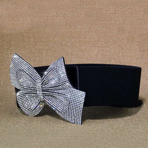Diamante Glitter Bow Tie Cinto para Meninas, Bowknot Rhinestone, Cinto largo para vestido, Match Elastic Seal