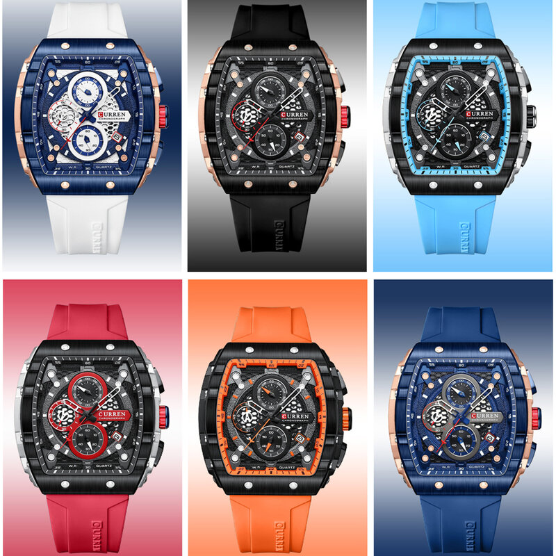 CURREN Luxury Brand Men's Wristwatches Sport Chronograph Quartz Silicone Bracelet Watches with Big Dial