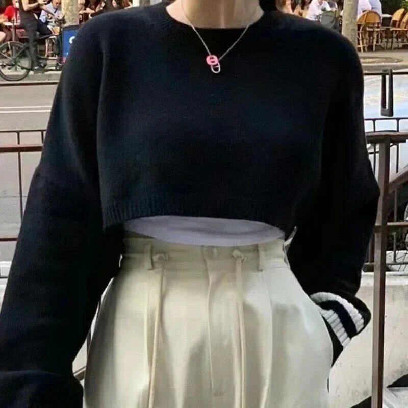 Jersey de cuello redondo Retro coreano para mujer, suéter de punto corto, Delgado, suelto, ropa Sexy, otoño e invierno, 29068