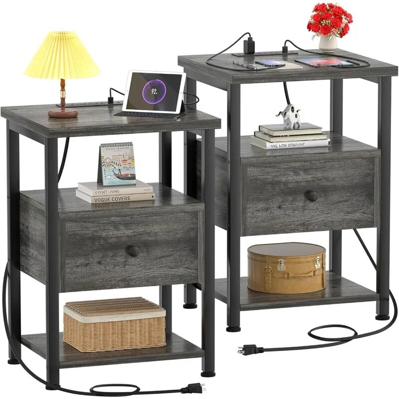 Set of 2 Nightstands with Charging Station End Table Bedside Table with USB Port  with Drawers Storage Shelf Wood Night Stands