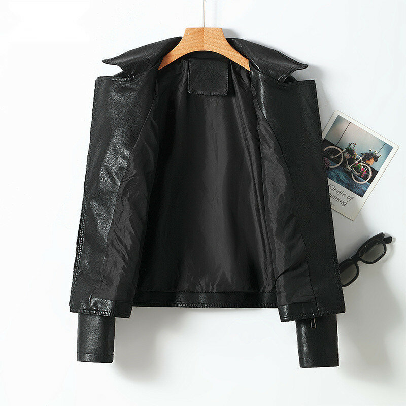 Chaqueta de piel sintética para Mujer, abrigo negro de manga larga con cremallera para motorista, prendas de vestir elegantes, 2023