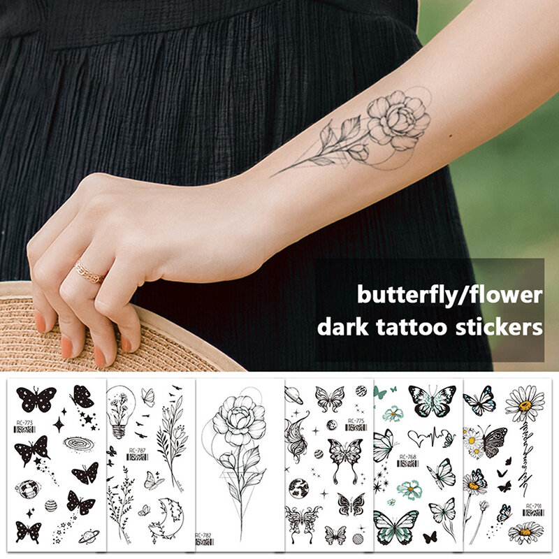 Waterproof Temporary Tattoo Stickers Black Butterfly Rose Transfer Flash Tatoo Women Sexy Neck Hand Chest Body Art Fake Tattoos