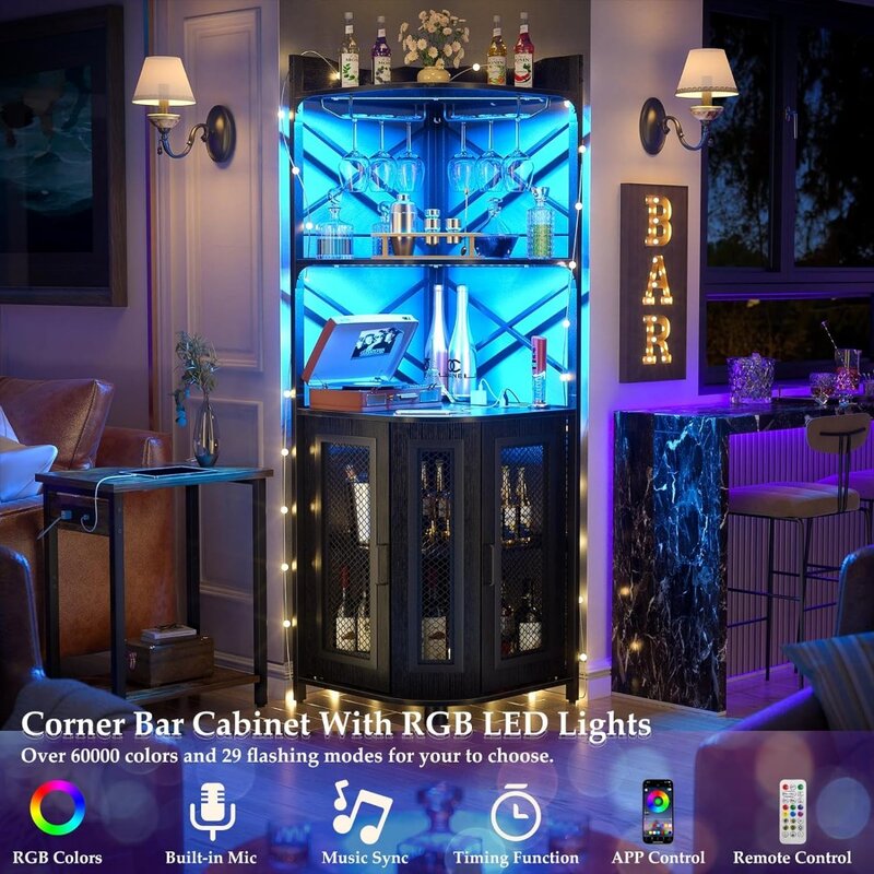 Aheaplus Canto Bar Armário com Power Outlet, Industrial Wine Cabinet com LED Strip e Suporte de Vidro, 5 Tiers Liquor Cabinet