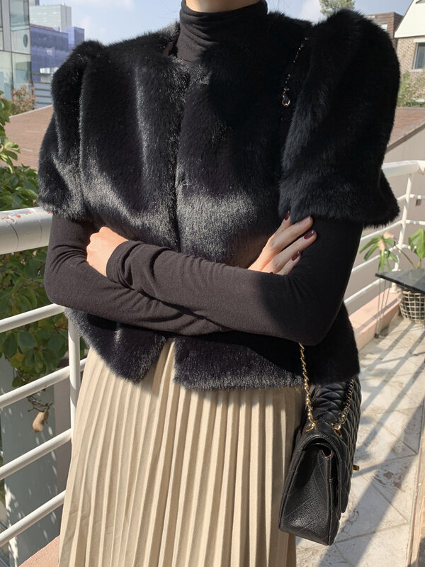 Casaco de pele sintética feminino, manga curta, corte curto, high-end, nova moda coreana, design de inverno e outono