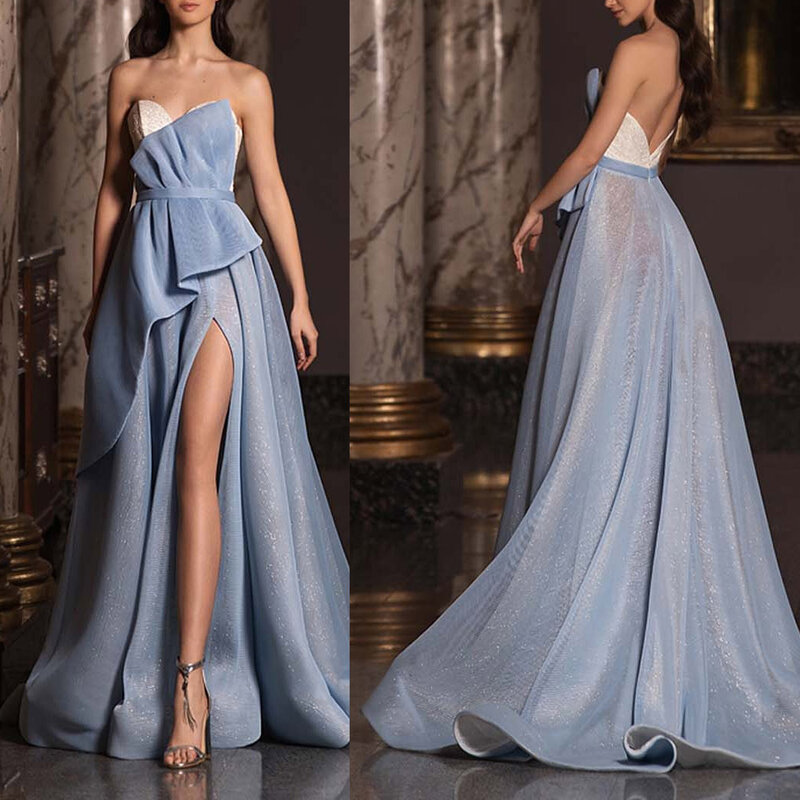 女性のための長い豪華な青いドレス,分割されたロングドレス,ハイウエスト,結婚式の花嫁介添人,宴会,