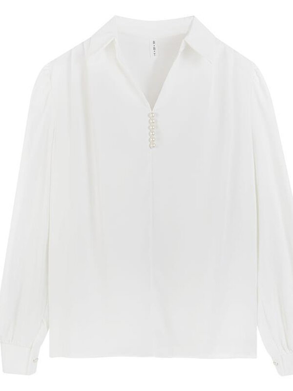 Elegante camisa de oficina decorada con perlas de Color sólido para mujer, blusa clásica de manga larga con cuello vuelto que combina con todo, 2022