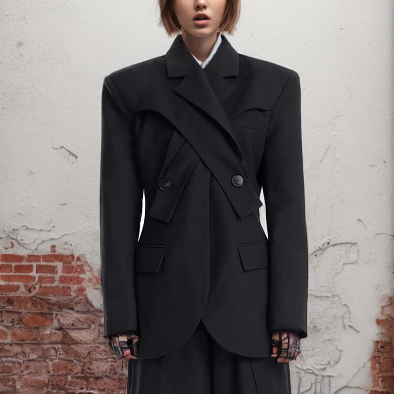 Setelan jas wanita hitam 1 potong, Blazer hitam tidak rata kerah silang jaket kantor Formal wanita bisnis mantel berkancing tunggal