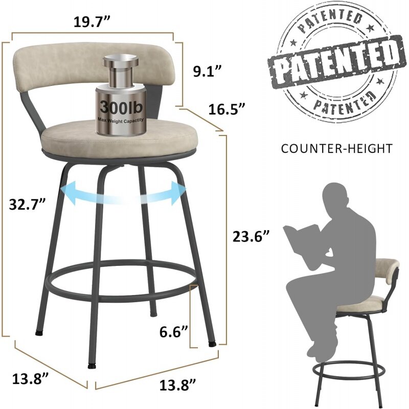 ชุดเก้าอี้บาร์เก้าอี้สตูล2ตัวสำหรับเคาน์เตอร์ห้องครัวเก้าอี้บาร์หมุนทำจากหนัง PU สำหรับบาร์ทานอาหารที่วางเท้าโลหะขนาด24นิ้ว