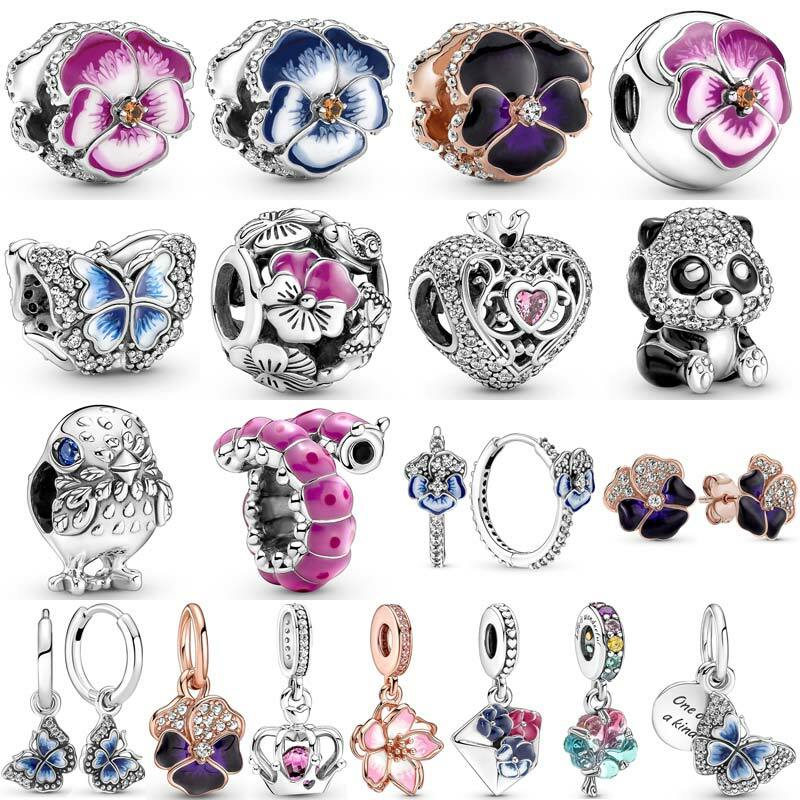 New 925 Sterling Silver Charm 2020 Sping Sparkling Panda Blue Butterfly Pink Pansy Flower Beads Fit Popular Bracelet DIY Jewelry