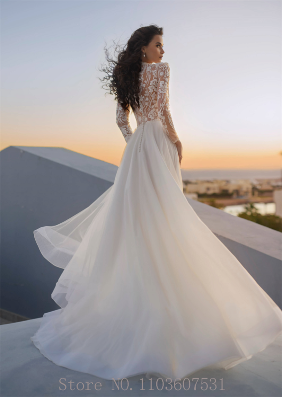 Gaun pernikahan renda Applique motif bunga lengan ilusi Panjang leher tinggi untuk pengantin gaun pernikahan sifon A-line vestidos de novia