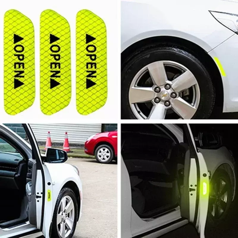 4PCS/set Car Door Stickers Universal Safety Warning Mark OPEN High Reflective Tape Auto Driving Safety Reflective Strips