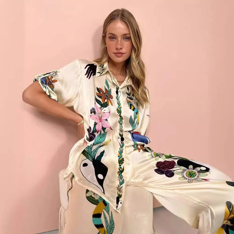 Summer Graffiti Print Shirt And Trousers Two-Piece Set Casual Satin Lapel Shirt Vacation Trousers For Women 3XL Loose Pant Set